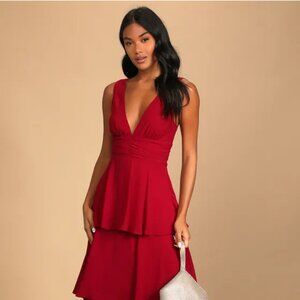 Lulus Celebration Time Red Sleeveless Tiered Midi Dress